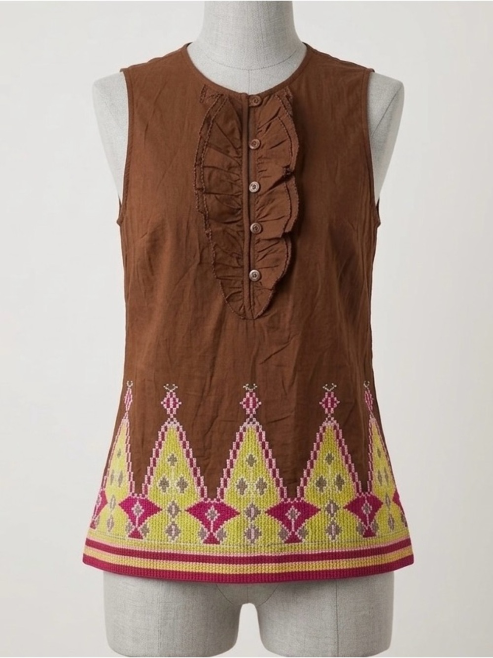 Tory Burch Embellished Tunic Womens Size 10 Brown Yellow Ruffles